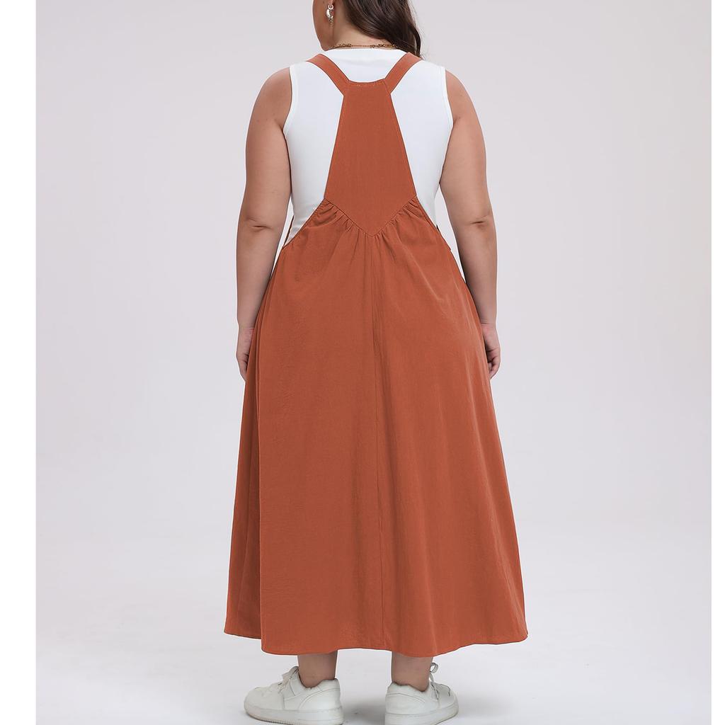 Übergröße Latzkleid für Damen Verstellbarer Träger Jumperkleid mit Taschen Lässiges A-Linien Maxi-Kleid