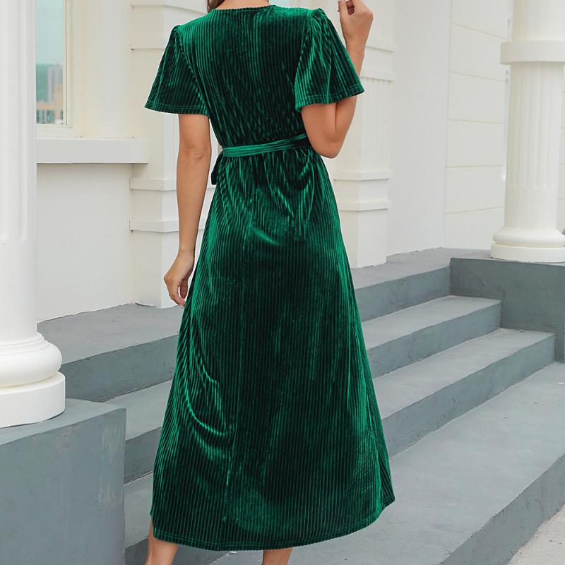 GMXIA Big Size Women's Autumn and Winter Split Tied Pit Stripe Gold Silk Velvet Medium Long Dresses