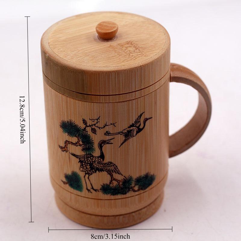 1Pc Handmade Bamboo Household Cup with Handle and Lid Printing