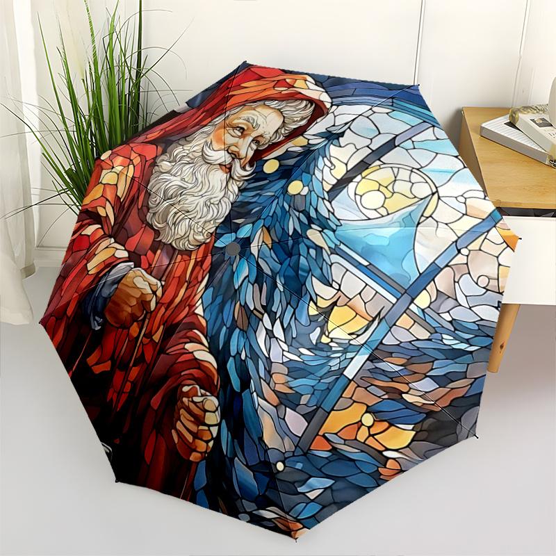 

1pc Stained Glass Santa Claus Design Automatic Opening Folding Umbrella with 8-Bone Iron Frame, Suitable for Fans, Travel, Daily Use, Festive Gif
