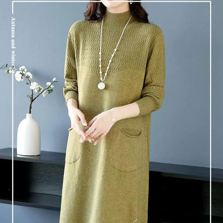 Solid Color Half Turtleneck Mid-length Knitted Dress for Women Long-sleeved Pullover Warm Winter Women's Sweater Dress