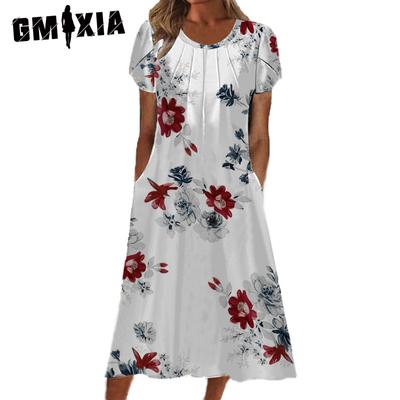 Summer Fashion Ladies Discount Printed Crew Neck Dress Pocket Maxi Dress Ladies
