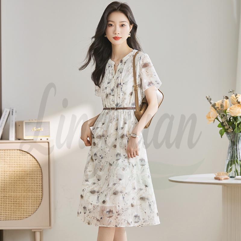 2026 New Summer Vintage Floral Ink Painting Dress for Women - French Chic Waist-Cinching Style M