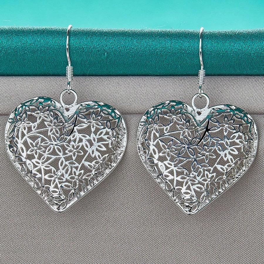 925 Sterling Silver Plated Heart Hollow Flower Earrings For Women Fashion Wedding Engagement Charm Jewelry