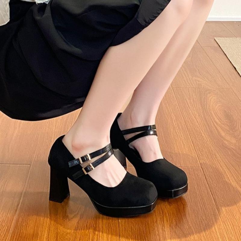 

Women s Shoes High Heels 2026 New Spring and Autumn Square-headed Button with Thick Heel 35 чёрный