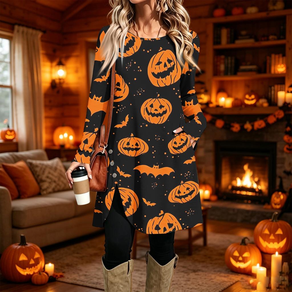 Women's Casual Long Sleeve Printed Round Neck Dress for Everyday Wear