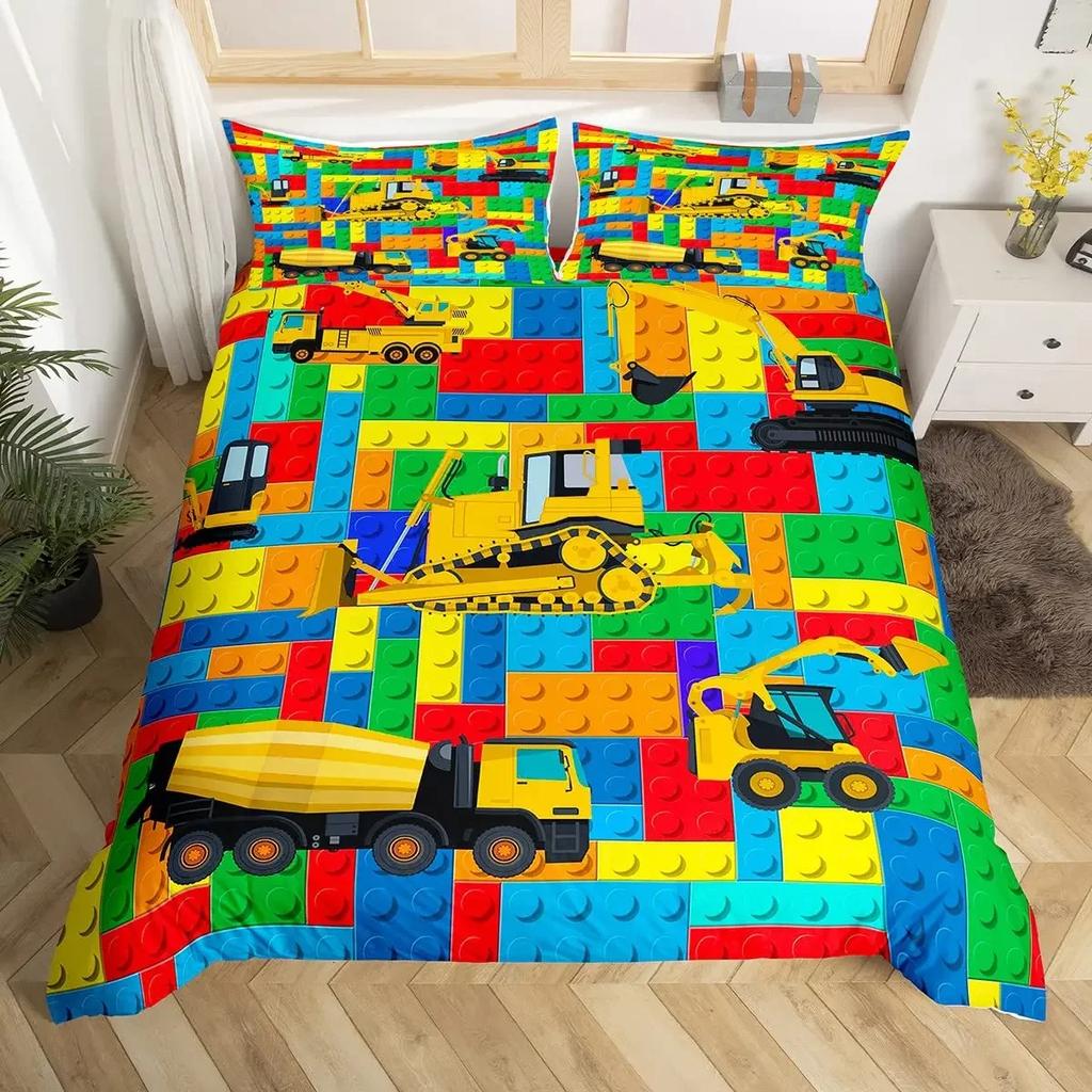 Truck Excavator Soft Duvet Cover Set Quen Sized Dimensions for Children Kids Nursery Carton Tractor Enginering Vehicle Construction Theme Beding Set