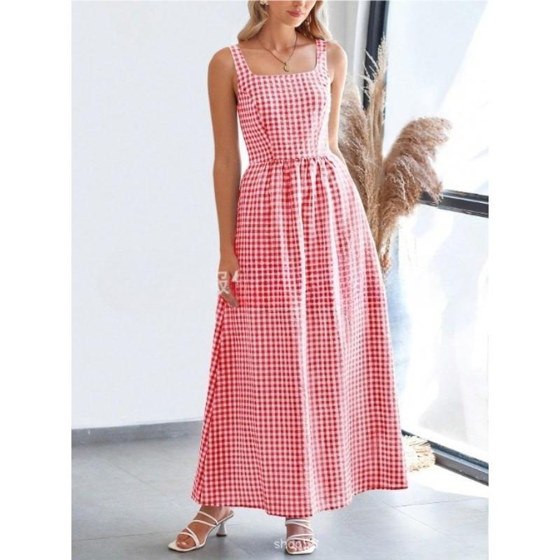 VEZFAA Women s Fashion Summer Spring Plaid Print Sleeveless Square Collar High Waist Casual Dresses S красный