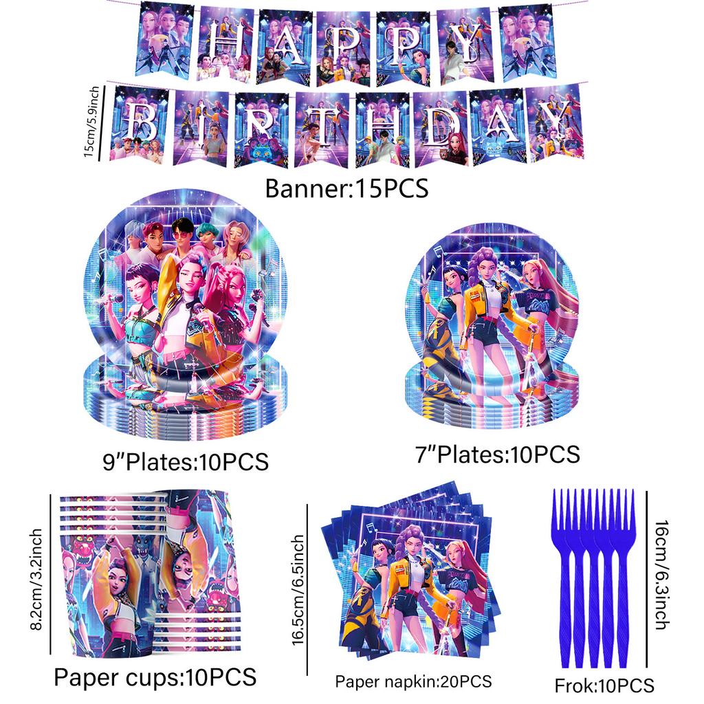 New Blue KPOP Demon Hunters Birthday Party Decorations Set, Disposable Paper Plates Napkins Knife Fork Spoon Tableware Kit