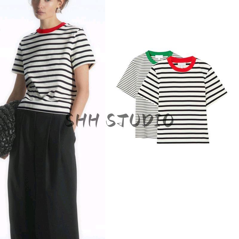 Spring New Women's Clothing European and American All-Matching Minimalist Standard Edition Contrast Color round Neck Short Sleeve T-shirt 9606791