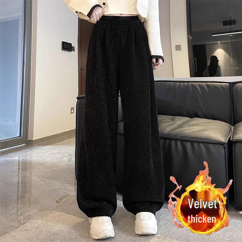 Women's 2024 Autumn/Winter Fleece-Lined Wide-Leg Striped Pants