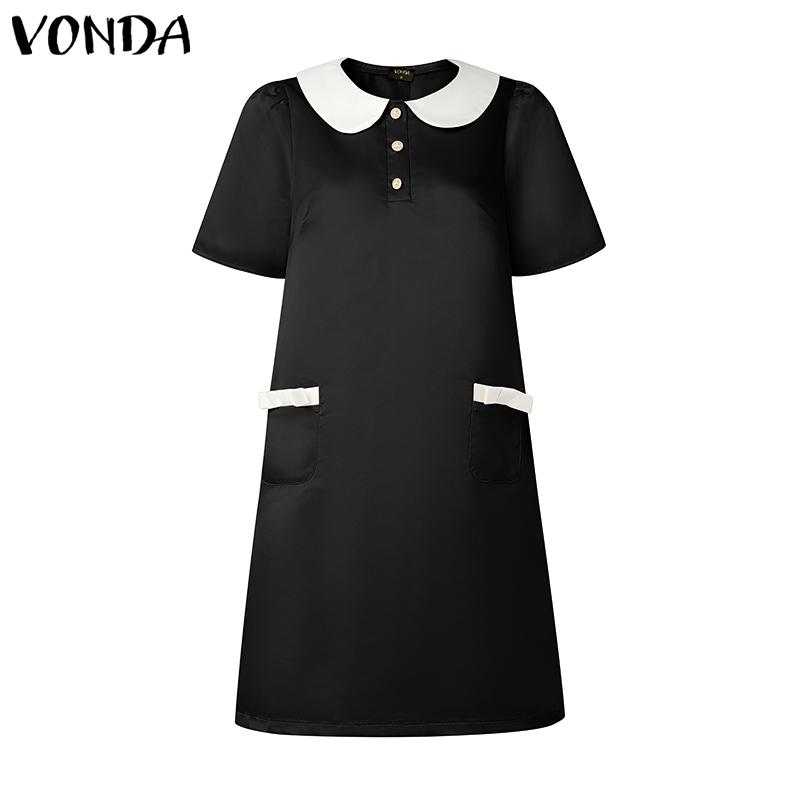 

VONDA Elegant Women Lapel Neck Short Sleeve Smooth Satin A-line Dress S чорний