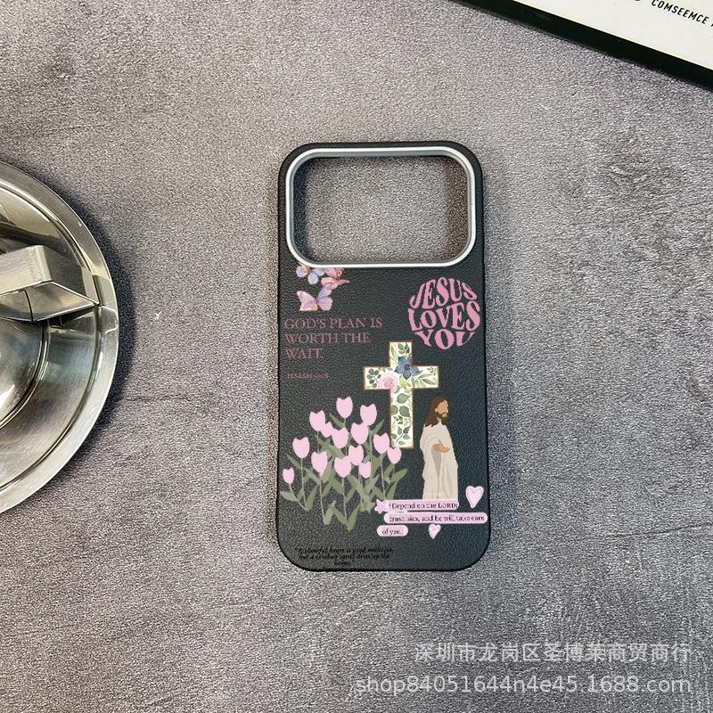 Pink tulip is suitable for iPhone17promax mobile phone case, Apple 16 all-inclusive 15 anti-drop 13 leather pattern protective case.