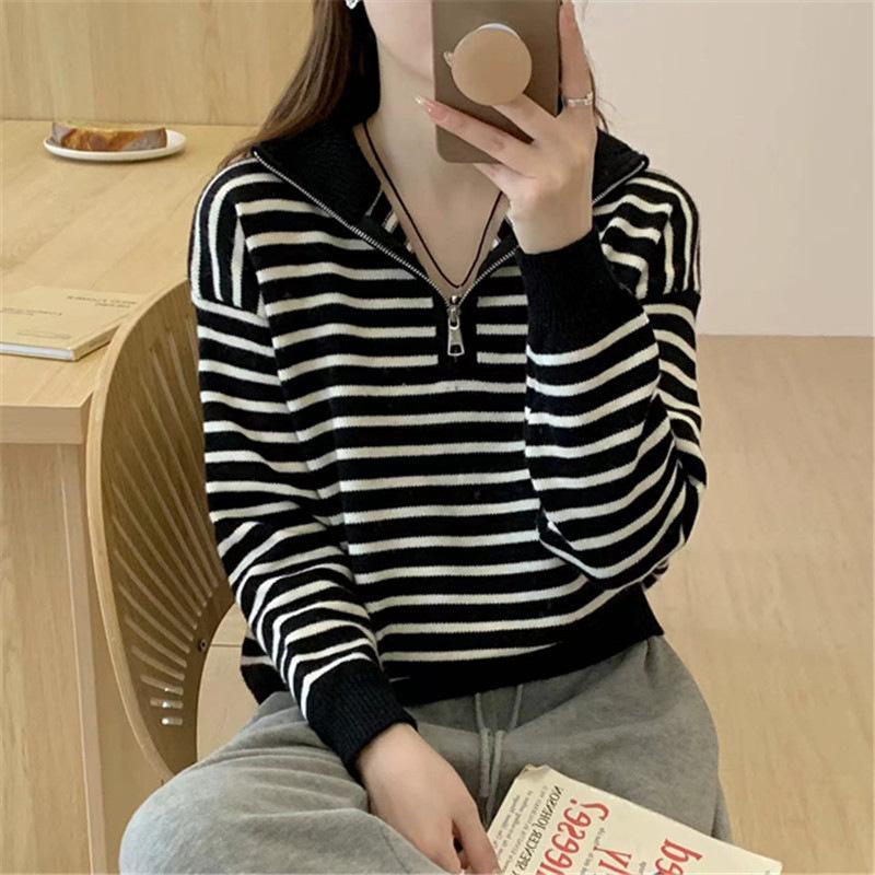 Flip Collar Half Zipper Striped Pullover Sweater for Women Autumn and Winter New Loose Knit Sweater
