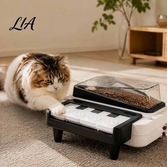 Automatic Cat Treat Toy Dog Piano Feeder, Interactive Dispenser Toy, Non-slip Base Feeder with Sound Educational Pet Effects, Transparent Food Storage