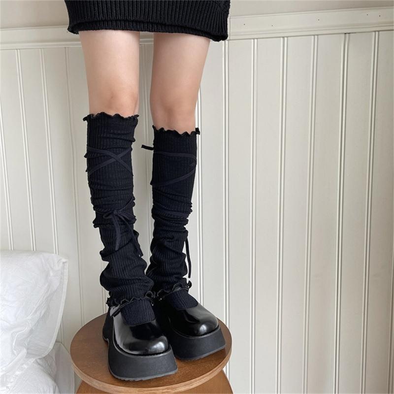 Japanese Ribbed Thigh High Leg Warmers Lace Up Bandages Over Knee Flared Leg Covers Ruffle Trim Footless Socks for Women