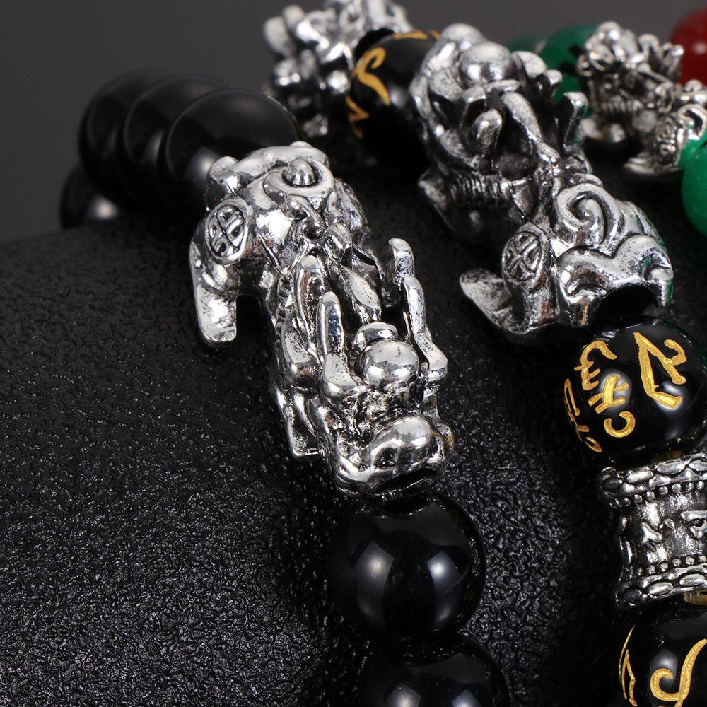 Gifts Good Luck Cuff Bangle Attract Wealth Black Obsidian Wristband Feng Shui Bracelet Silver PiXiu