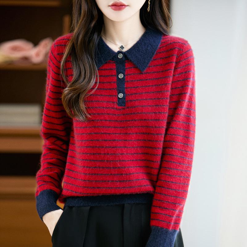 Women's Striped Color Block Polo Neck Knit Sweater - Long Sleeve, Autumn/Winter Top