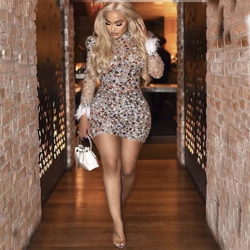 Elegant Rhinestone Mesh Slim-Fit Dress