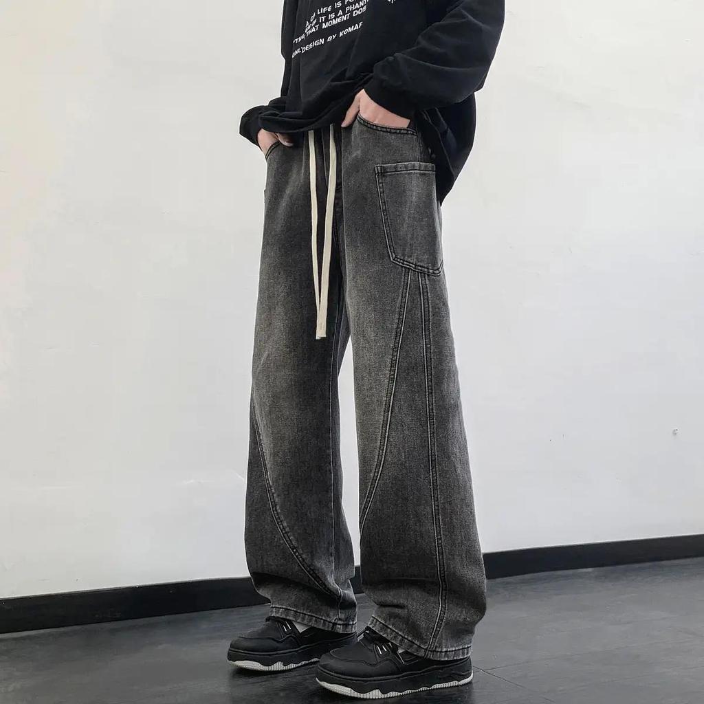 Baggy Jeans Solid Color Washing Summer Men Trousers Loose Wide Leg Casual Straight Moustache Effect Male Bottoms
