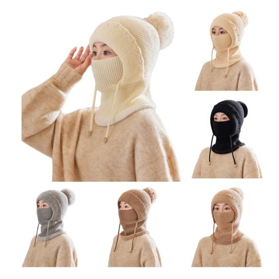 Women Windproof Knitted Hat with Fleece Lining 3-in-1 Hooded Scarf Cold Weather Skiing Hiking Headgear