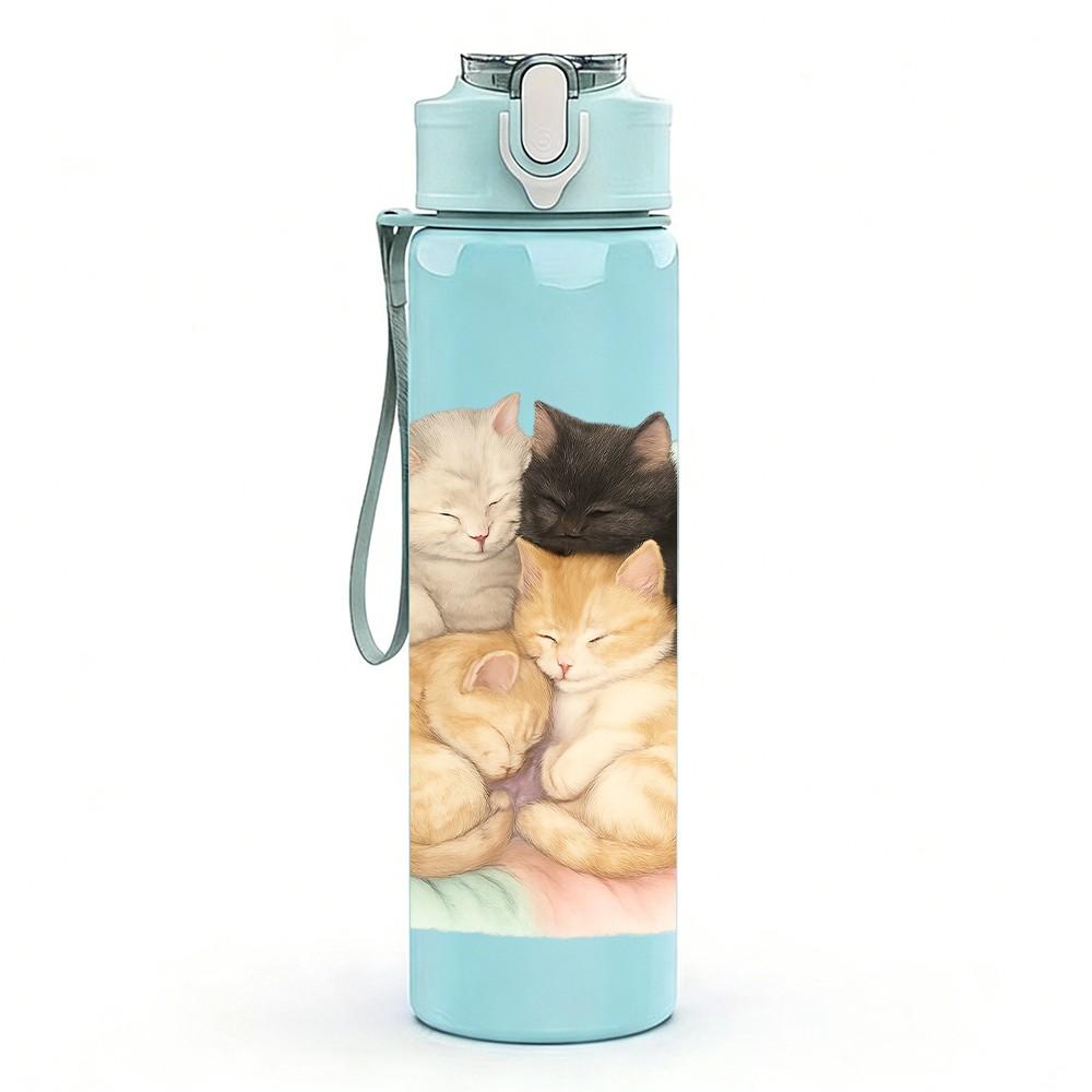 1PC Two Cats Cozy Rest Scene 750ml Color Plastic Sports Water Bottle Leakproof Flip Straw Lid Suitable for Sports Office Home Use