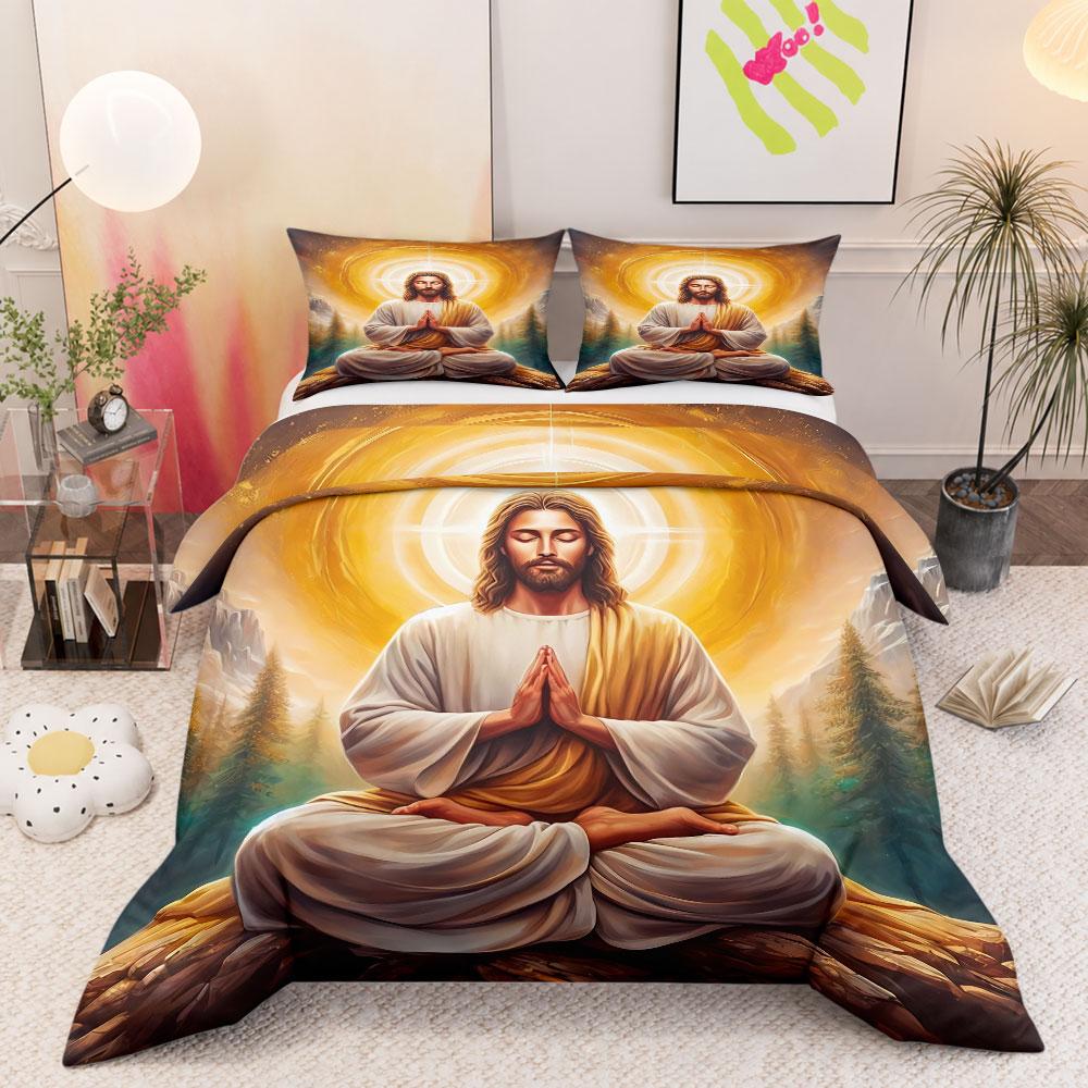 Decorative Serene Meditation Golden Halo Art Yellow Duvet Cover Set, Durable Bedding Set for Everyday Use