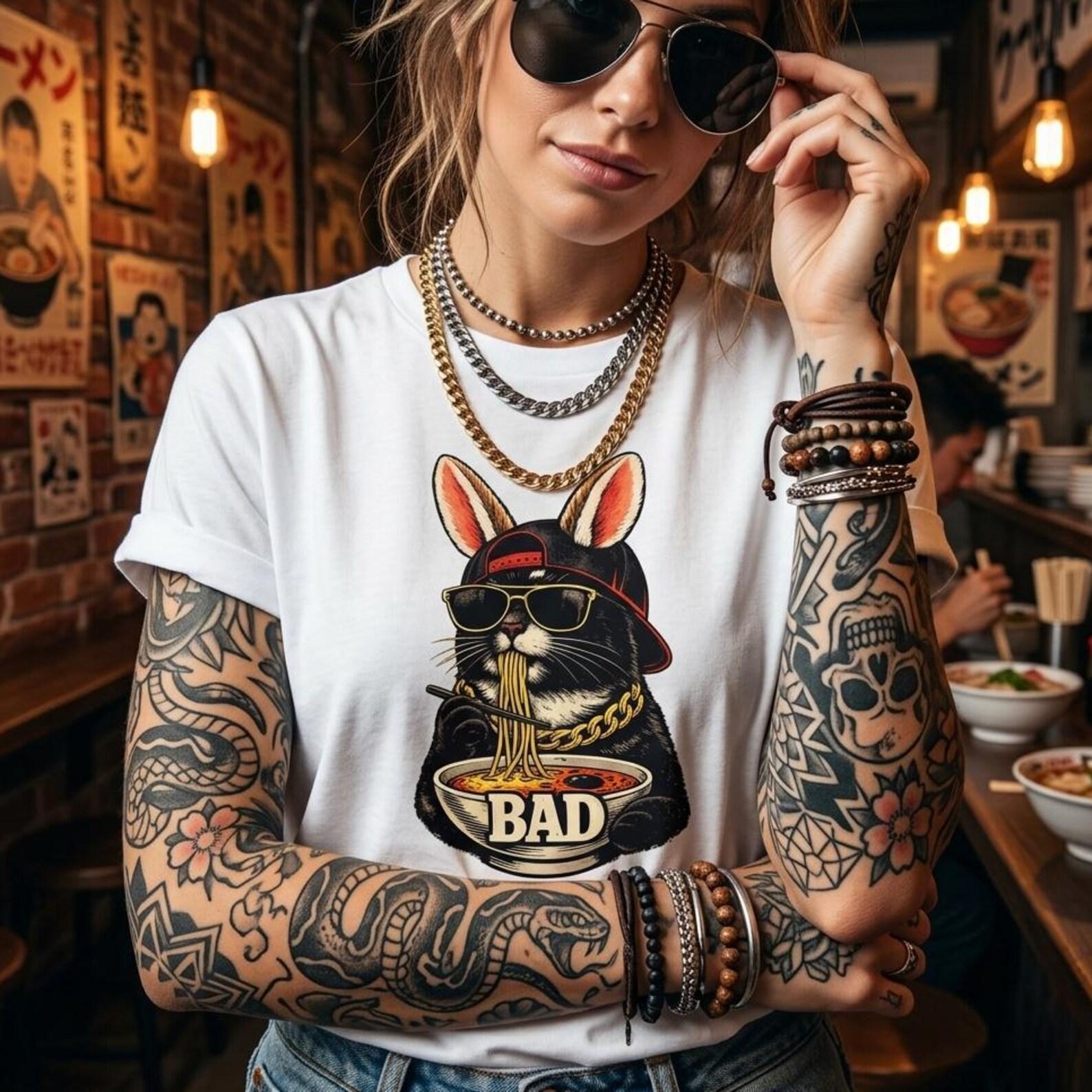 Funny Black Cat Ramen Graphic Tee, Streetwear Cat Noodle Shirt 3XL