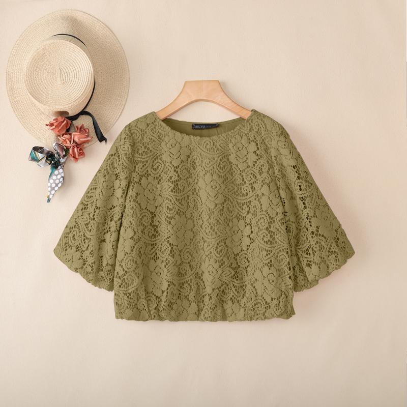 

ZANZEA Women Casual Round Neck 3/4 Sleeve Loose Crochet Lace Blouse XL хаки
