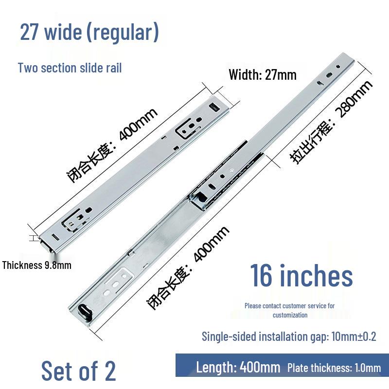 27mm Silent Steel Ball Drawer Slides, Two-Section Guide Rail for Desks and Cabinets.