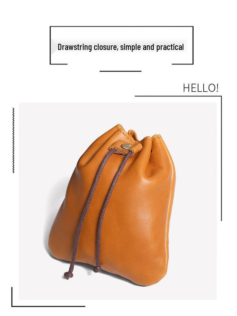 Vintage Genuine Leather Cowhide Coin Purse & Earphone Storage Drawstring Bag