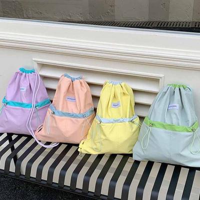 Contrast Color Light Soft Nylon Bag Korean Style Shoulder Bag Drawstring  Backpacks  Girls