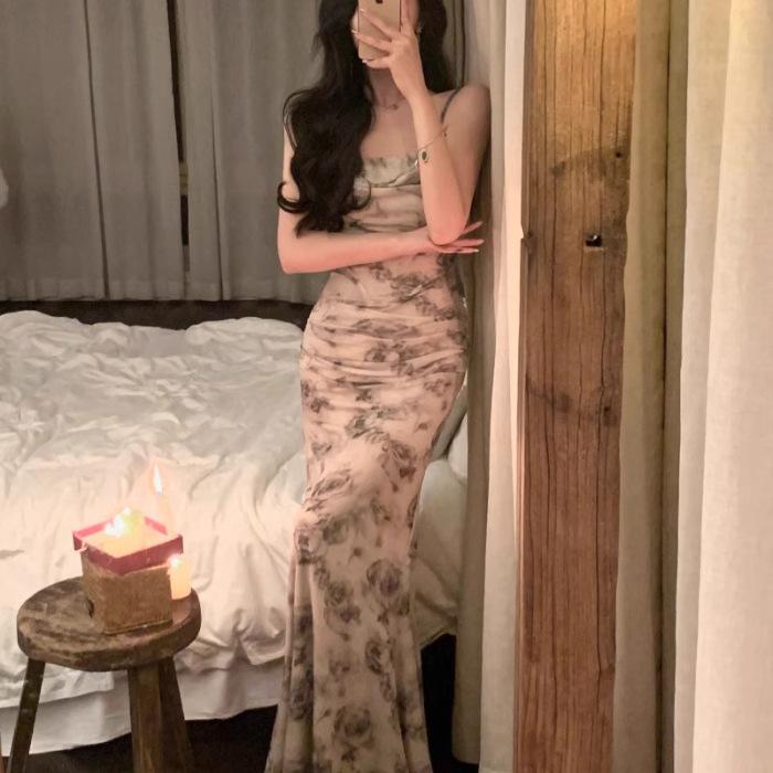 

Coffee break French mesh printing suspender dress design sense niche pure desire slim hip dress 2XL абрикосовий