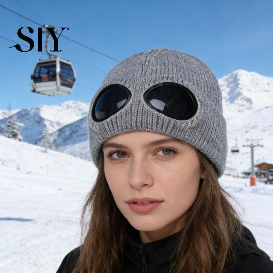 Outdoor Winter Hat Knitting Solid Color Warm Knitted with Glasses Decor Elastic Windproof Travel Cycling Daily Wear
