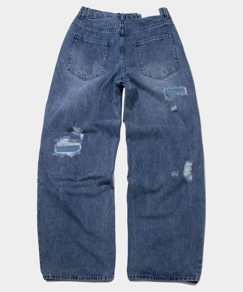 PLACESTUDIOMAN Vintage Washed Damage Patch Detail Wide Denim Pants [Medium Blue]