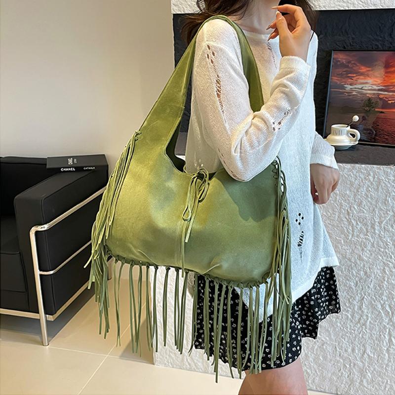 Boho Chic Kordový Střapec Dámská Taška přes Rameno Podzim Velkokapacitní Ručně Vyráběná Jednobarevná Hobo Tote Taška