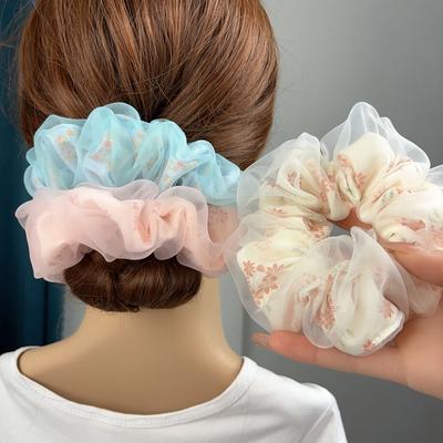 Double Layer Organza Scrunchies Elastic Hair Bands Women Girls Sweet Print Ponytail Holder Hair Ties Hair Accessories Fashion