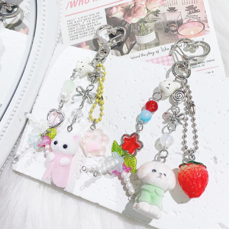 Cute Cartoon Flocking Cat Dog Beaded Keychain Pendant Headphone Case Charm  Backpack Decoration Car Key Ring Gifts