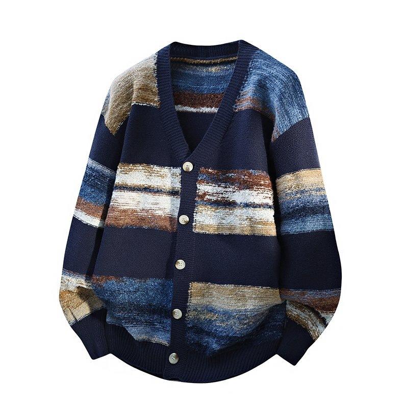 Mens Striped Chunky Cardigan Sweaters Button Up Fall Trendy Color Block Long Sleeve Knit Sweater Coats