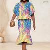 Women Plus Size Two Piece Skirt Set Round Neck Batwing Short Sleeve Floral Printed White Ruffle Hem Top Fishtail Skirt