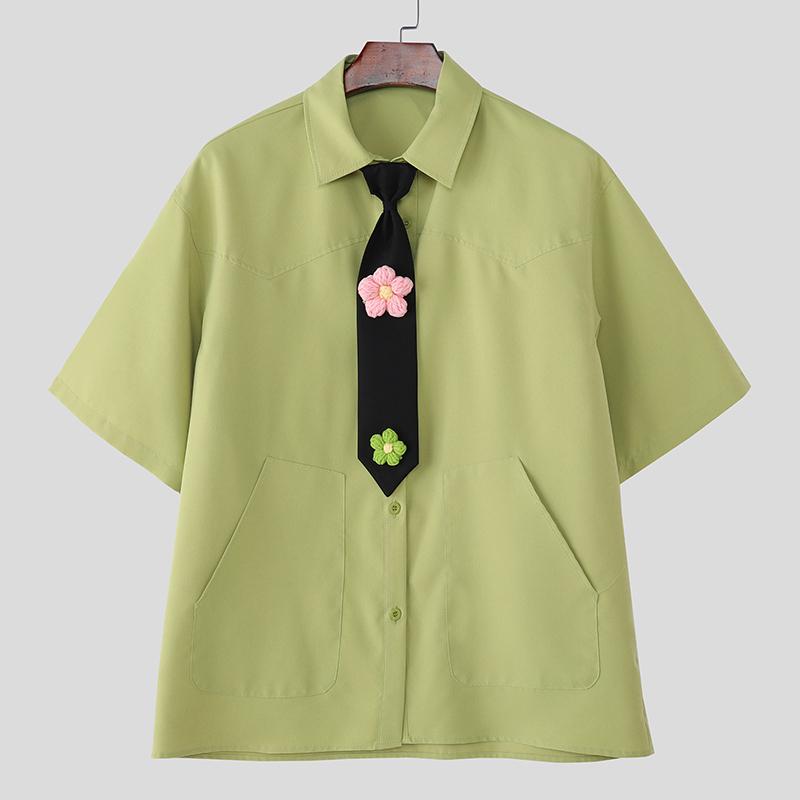 INCERUN Oversized Men Tie Up Neck Short Sleeve Flowers Casual Loose Shirts