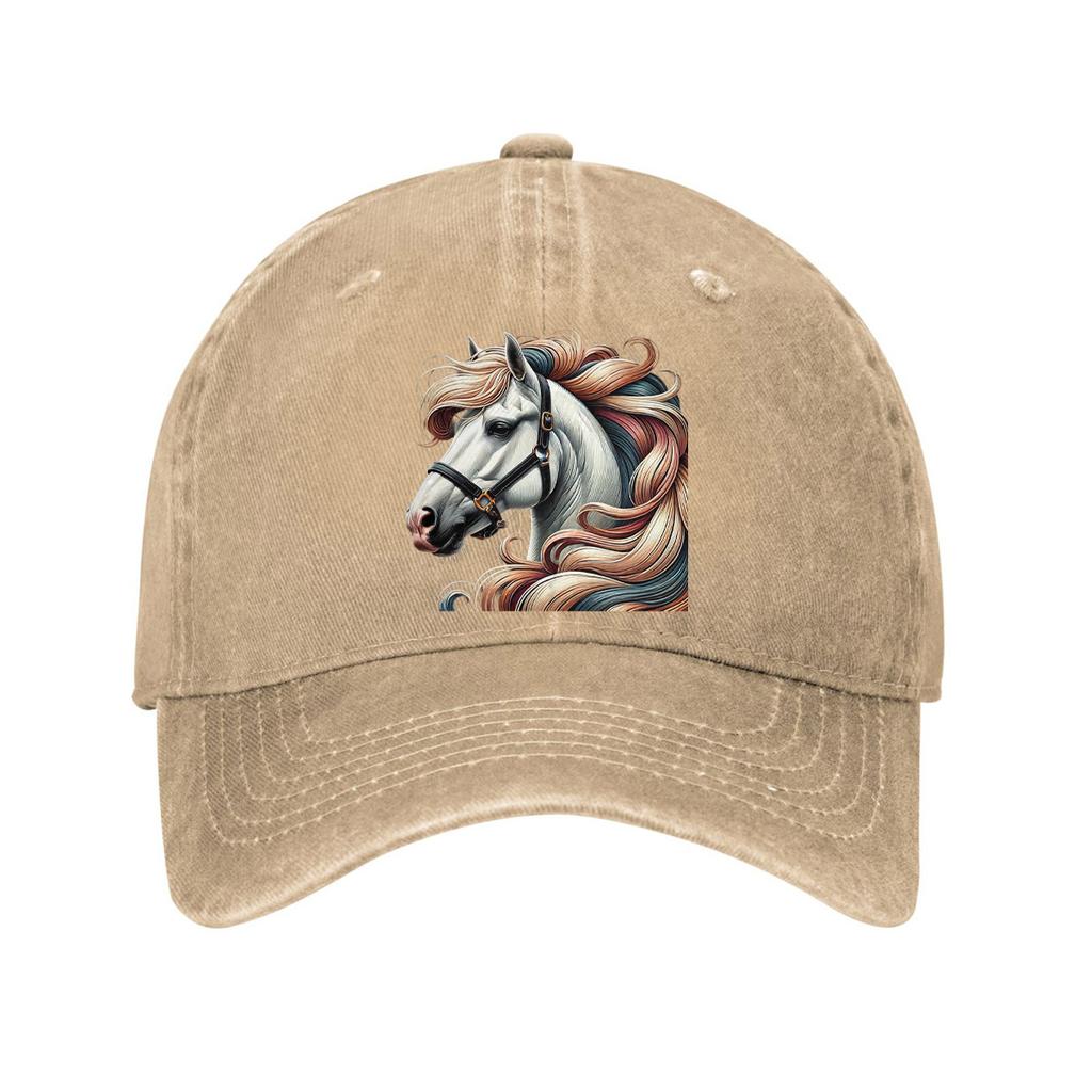 Colorful Mane White Horse Baseball Cap Denim Style Adjustable Casual Dad Hat for Unisex Adults
