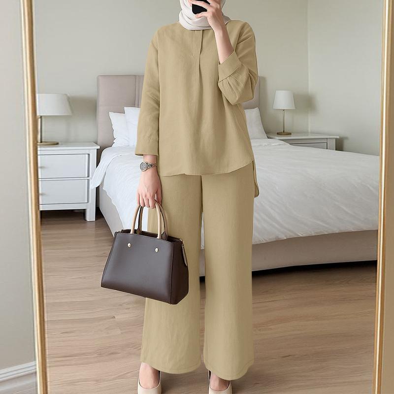 ZANZEA Women Long Sleeve Blouse and Pants Muslim Casual Two Piece Suit Sets