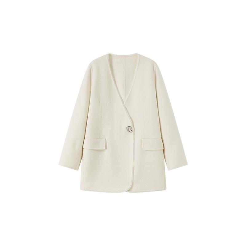 

Minimalist V-neck front shoulder suit double-sided cashmere coat women s winter new splicing design wool coat L