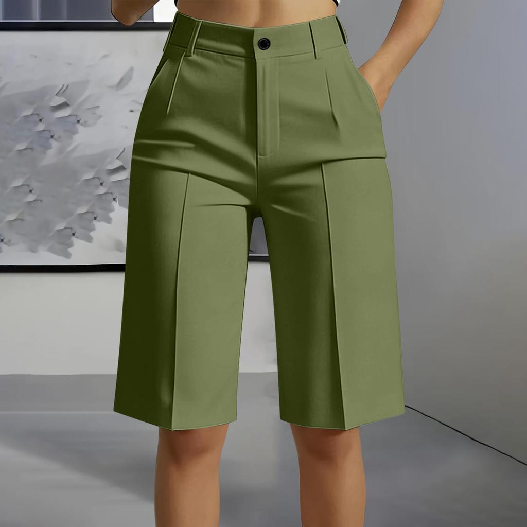 High Waist Straight Leg Bermuda Shorts for Women Casual Tailored Office Style Five Inch Length with Belt Loops and Front Pleats