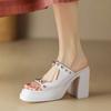 Fashion 2024 New Women's Slippers Open Toe Thick Heel Women's Dress Metal Decorated High Heel Fashion High Heels Women Slippers