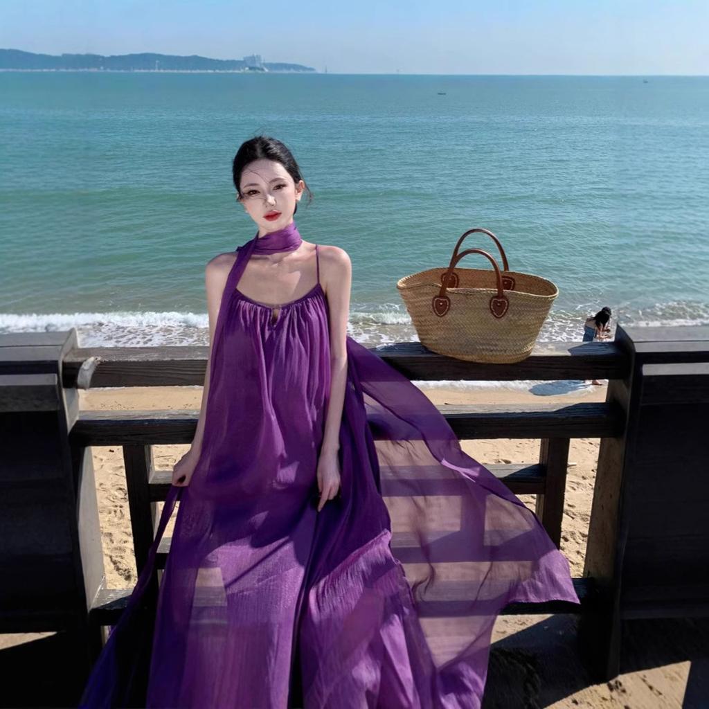 Travel Clothes Backless Dress Summer Thin Purple Fairy Dress Photo Seaside Vacation Beach Dress