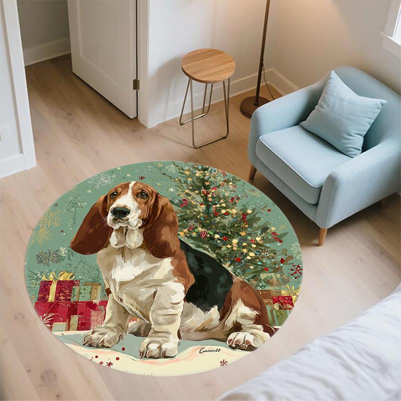 Christmas Basset Hound pattern round rug,Carpet Rug for Living Room Bedroom Playroom ,Non-slip Floor Mat,Holiday Gifts and Birthday Gifts.