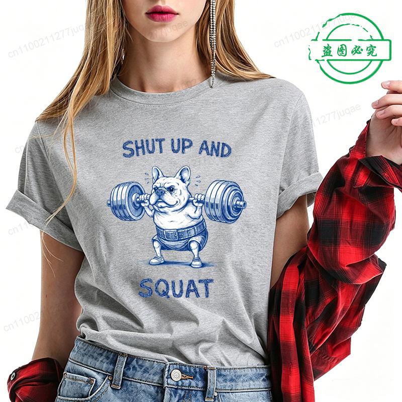 Summer Fashion Women's T-shirt Casual Funny French Bulldog Weightlifting Print T-Shirts O-neck Tops Short Sleeve Shirts Clothing