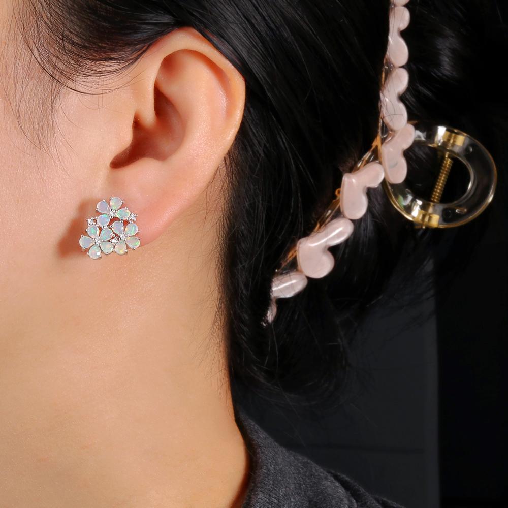 Gorgeous Colorful October Birthstone Flowers Designed Natural Opal Earrings 925 Silver Birthday Gifts for Women and Girls